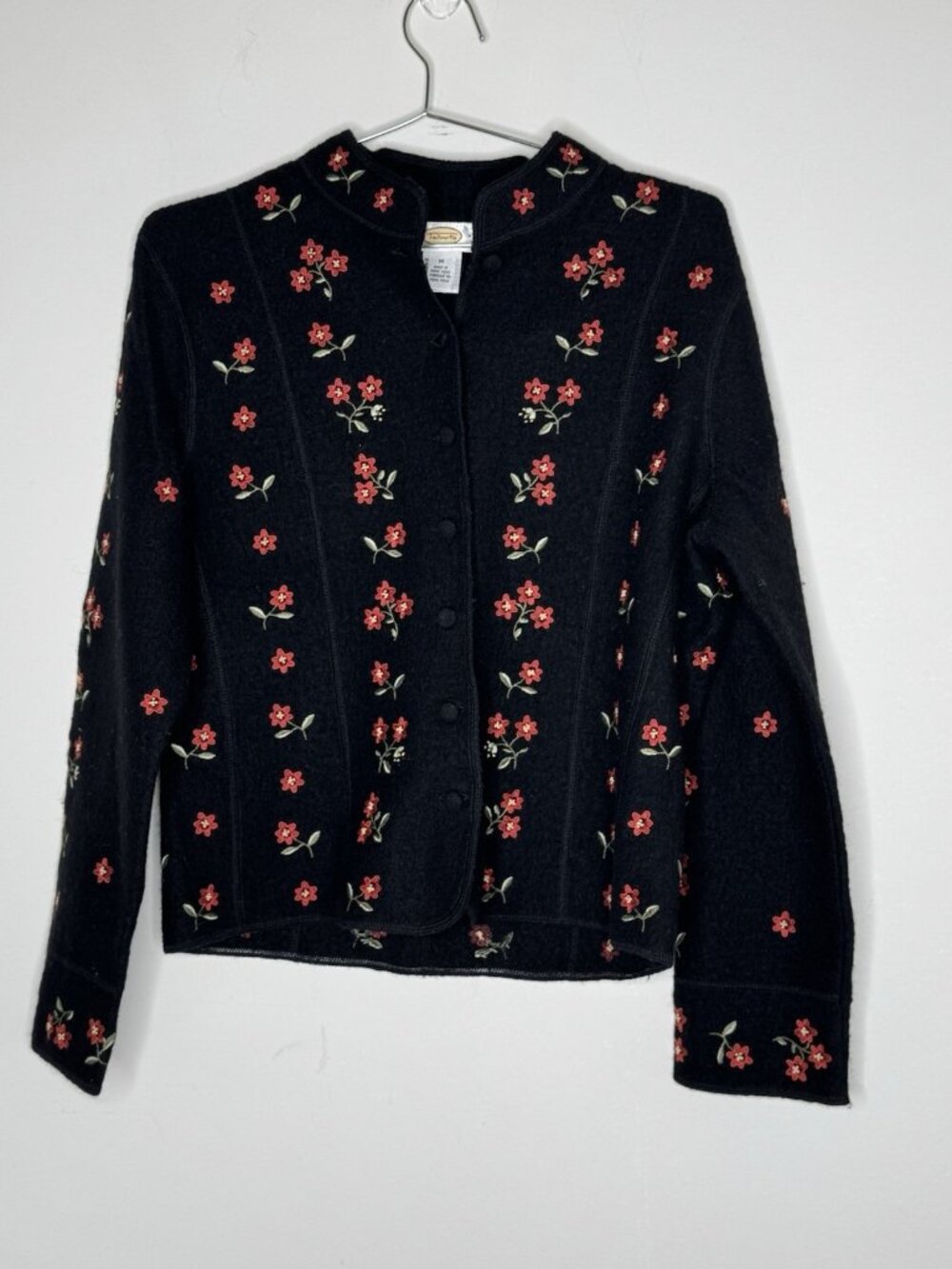 Vintage Talbots Med Black Wool Embroidered Red Flowers Floral Cardigan Sweater